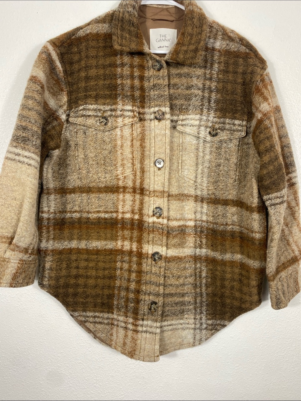 Aritzia Wilfred Ganna Brown and Cream Plaid Teddy Shacket Size M 75% Wool Laine - Picture 5 of 16